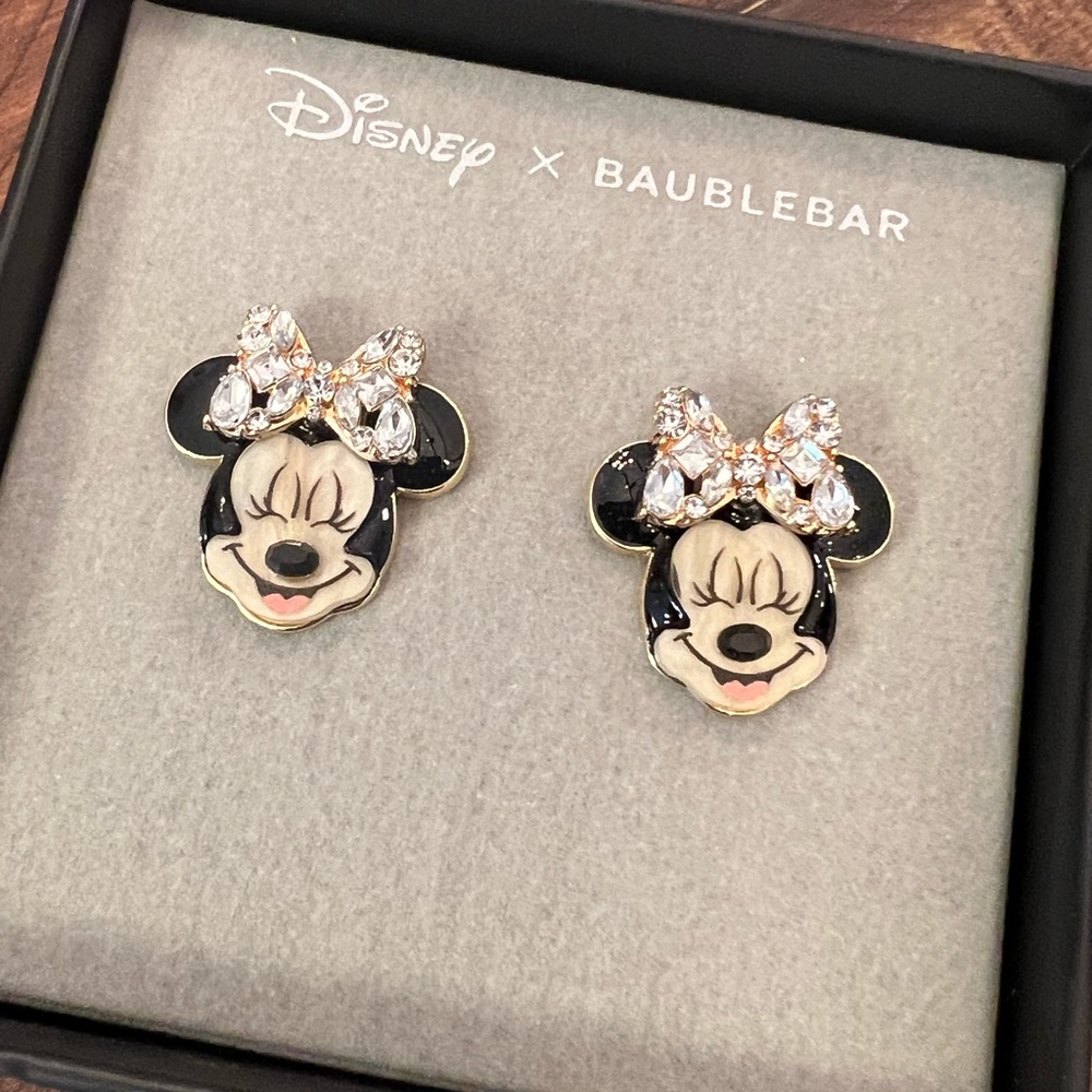 NEW IN BOX Disney x Baublebar Minnie Mouse rhinestone bows statement earrings